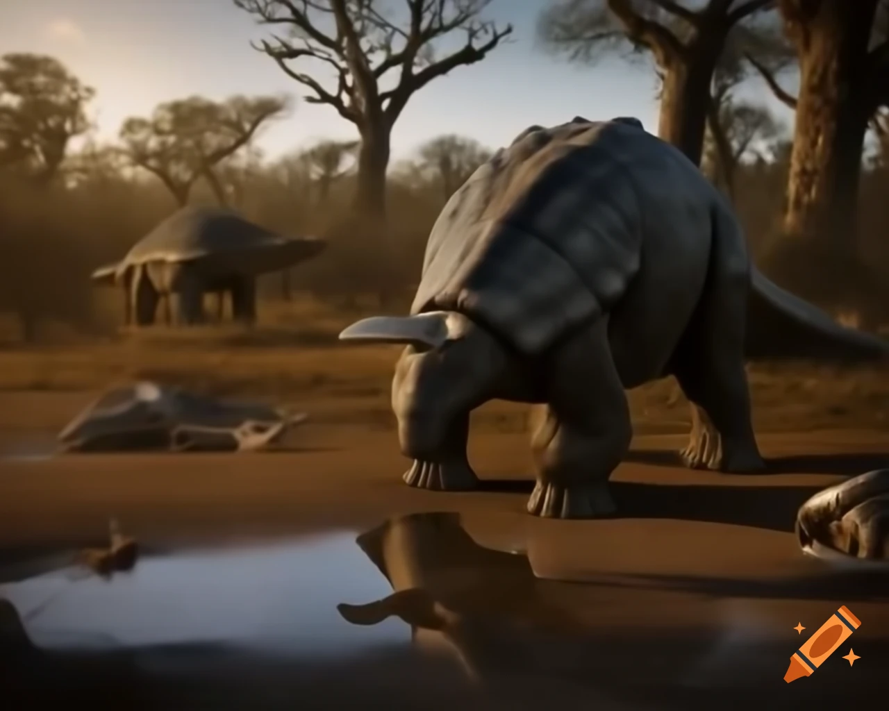Cinnamon and grey ankylosaurus drinking in puddle beside sandgrouses in sunny prehistoric bushland