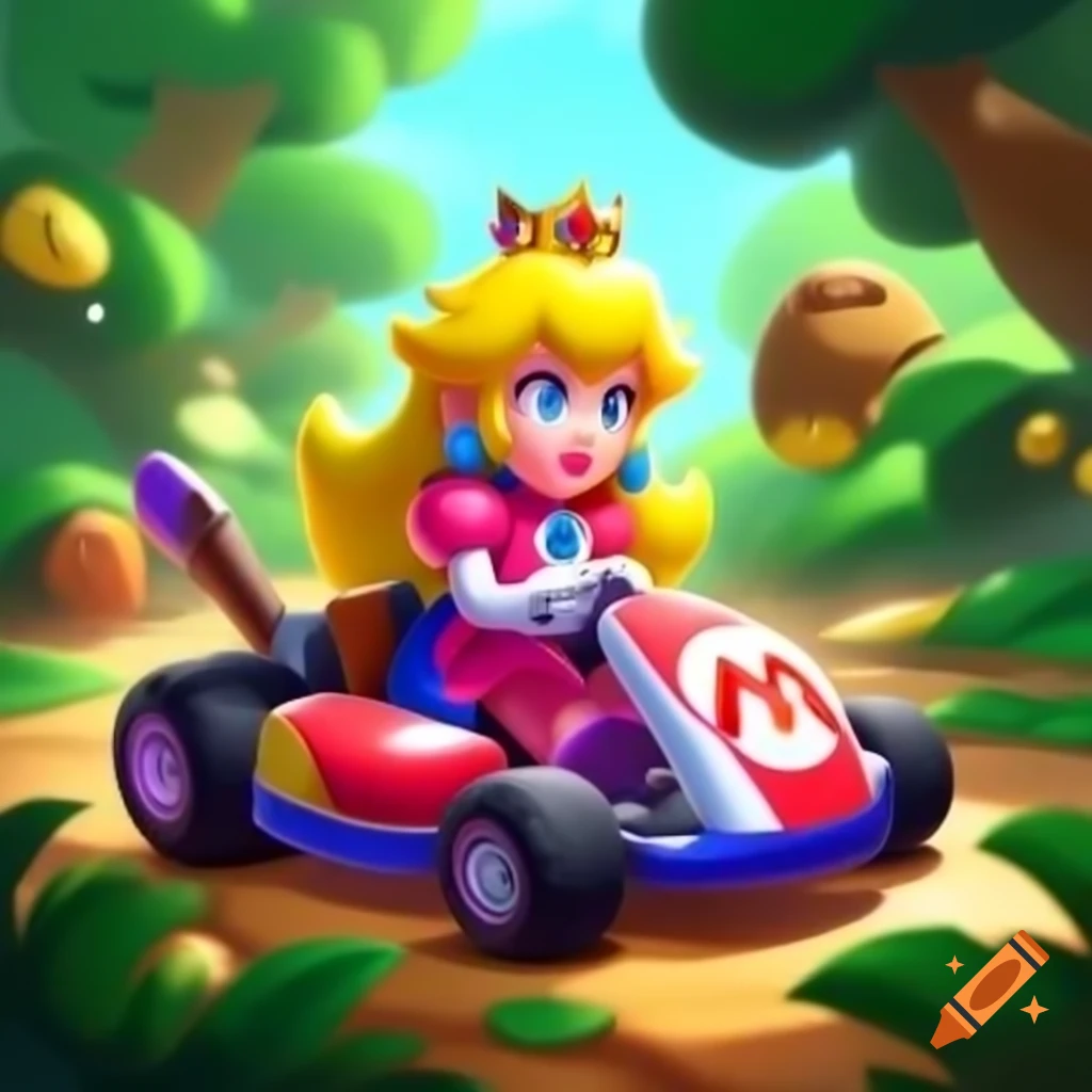 Princess Peach driving a kart in a jungle setting