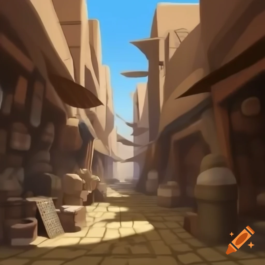 Arabian desert bazaar with narrow cobblestone streets in anime battle style