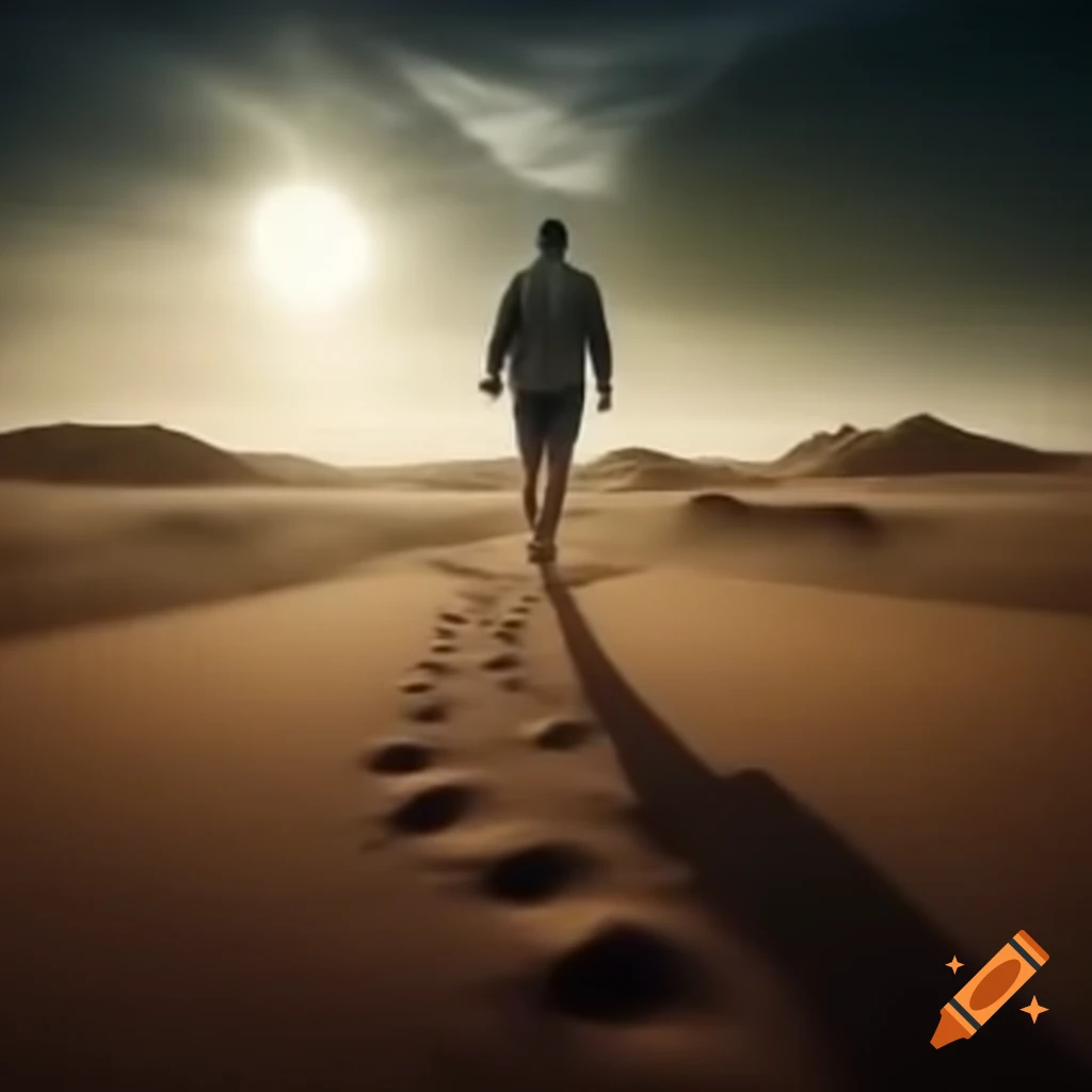 Path through desert with man symbolizing God, green growth in his footsteps