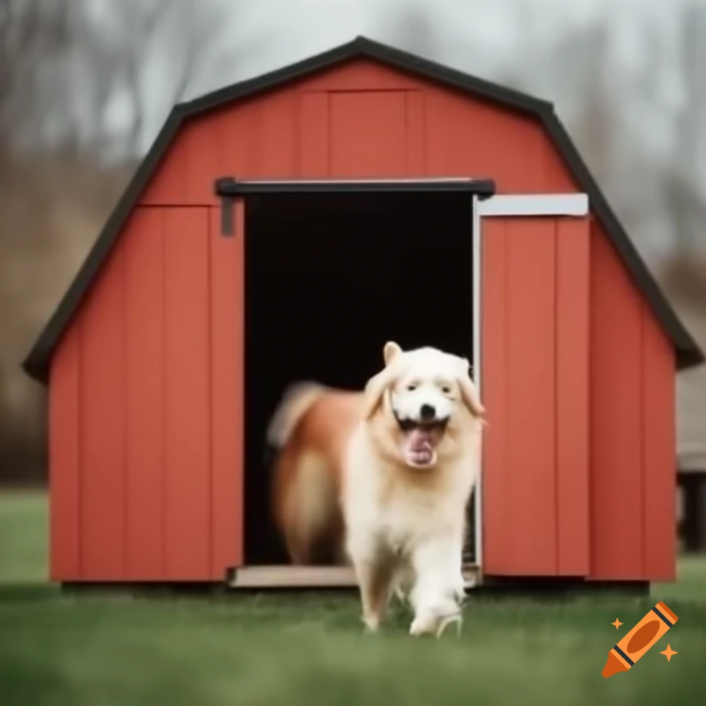 Dog standing in front of a rustic barn