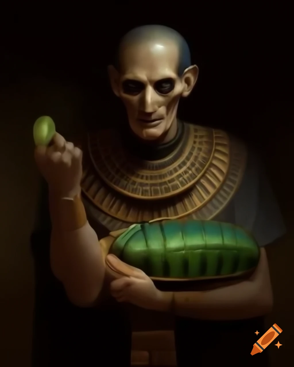 Ancient Egyptian priest holding slippery beetle in full length portrait