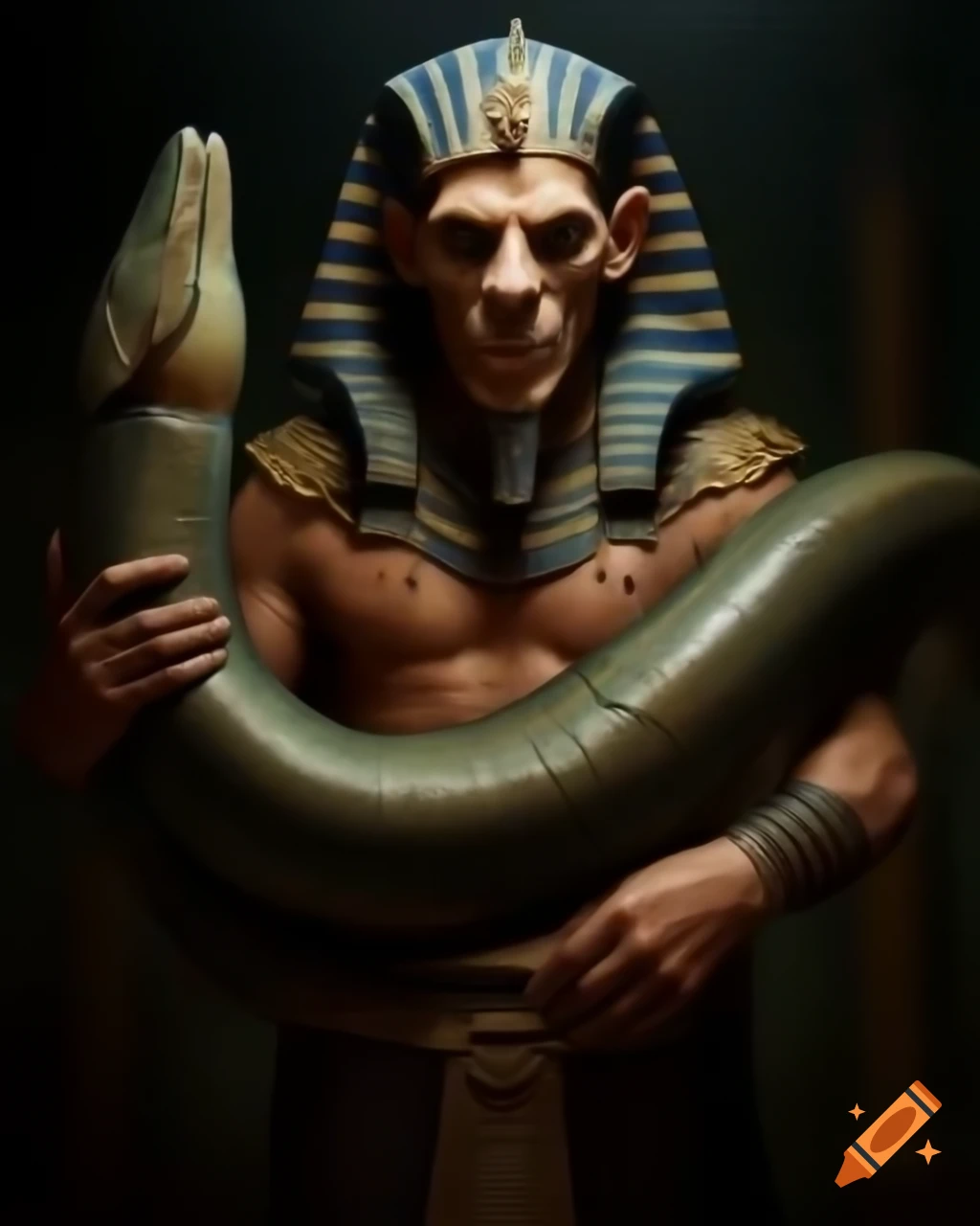 Ancient Egyptian priest holding large eel beetle in full length portrait