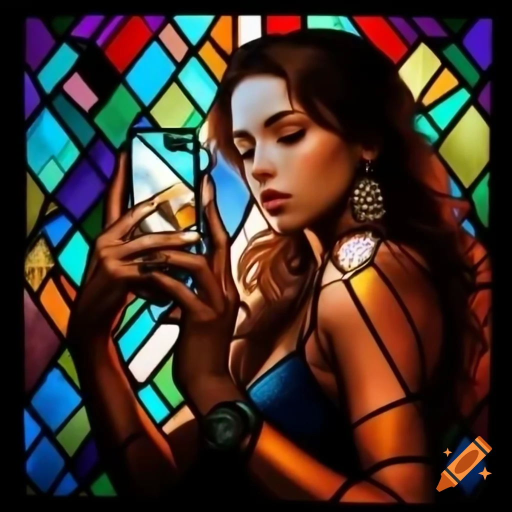 Stained glass art featuring a woman taking a selfie