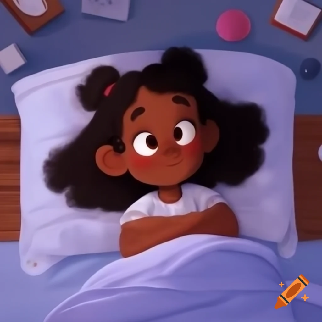 Black girl sitting up in bed smiling after waking up in the morning
