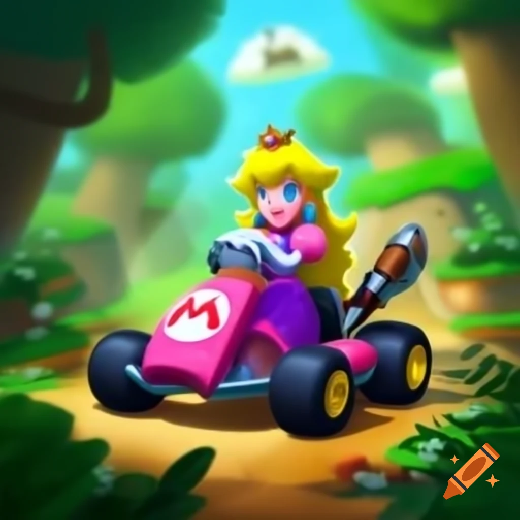 Princess Peach driving a kart through a jungle landscape