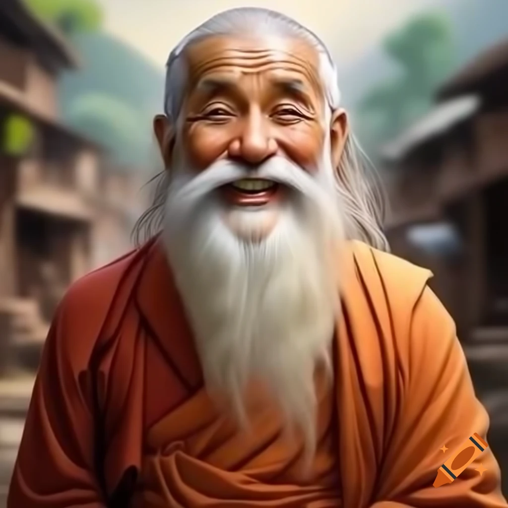 Pastel painting of happy smiling Buddhist monk with long white beard in village