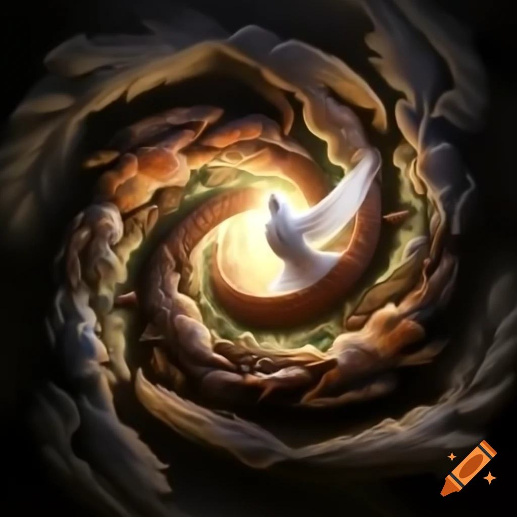 Dove and serpent intertwined symbolizing individuation and wisdom