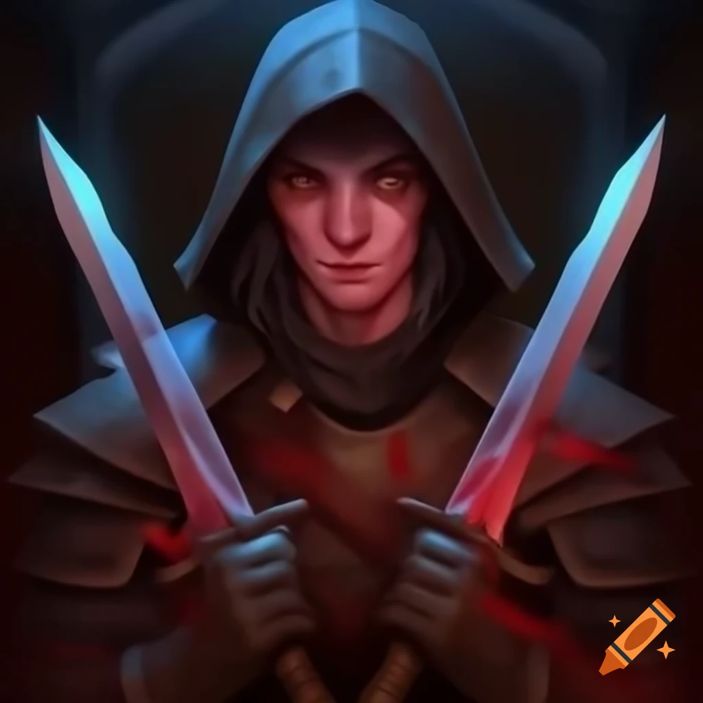 Halfling with bloodied daggers in leather armor, sneaking in dark corner