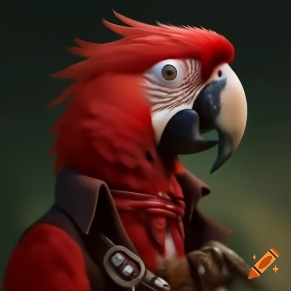 Humanoid scarlet macaw in pirate outfit and bandana