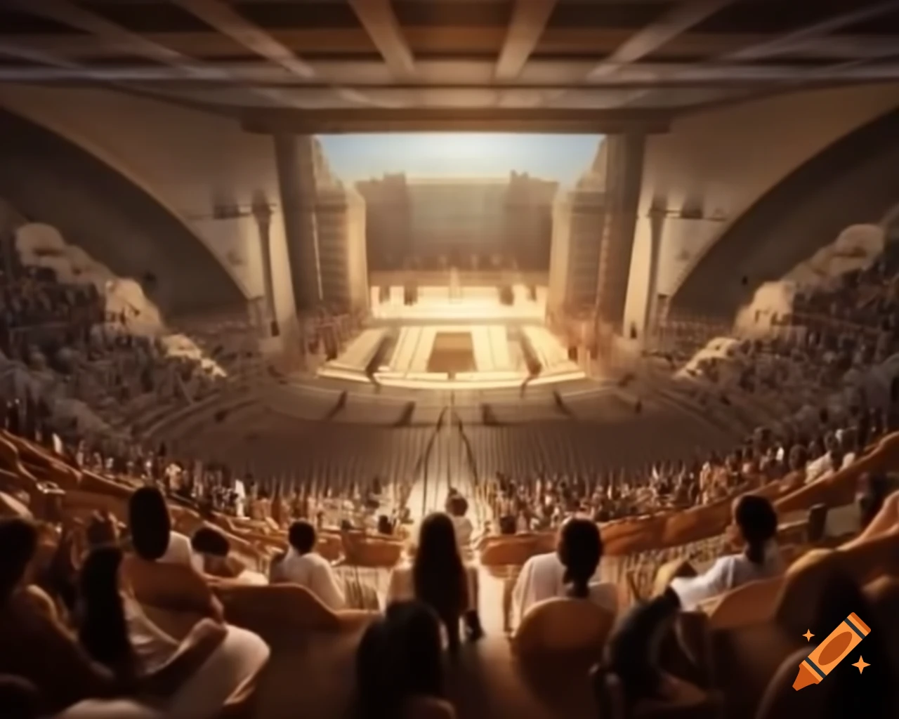Ancient Egyptian nobles observing events from elevated seating in grand interior