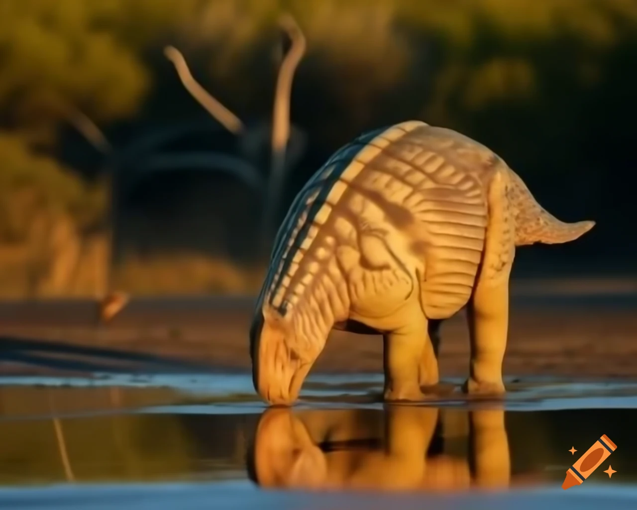 Ankylosaurus drinking in puddle with partridges in sunny clearing