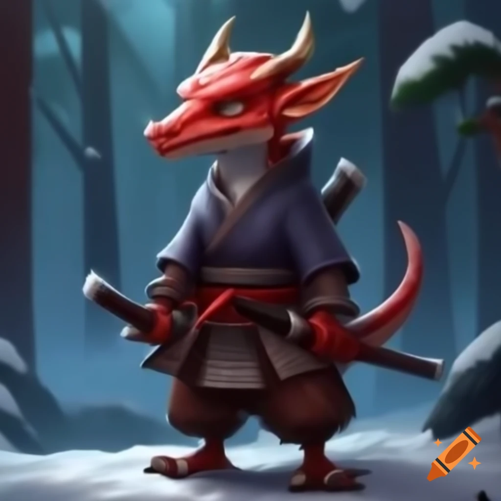 Red kobold samurai in snowy forest setting