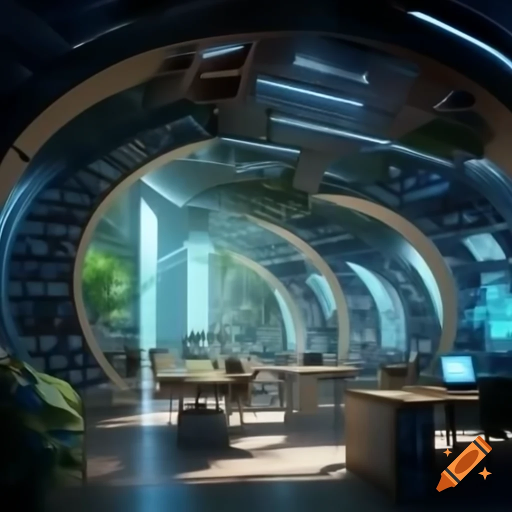 Futuristic library with individual reading pods and holographic displays