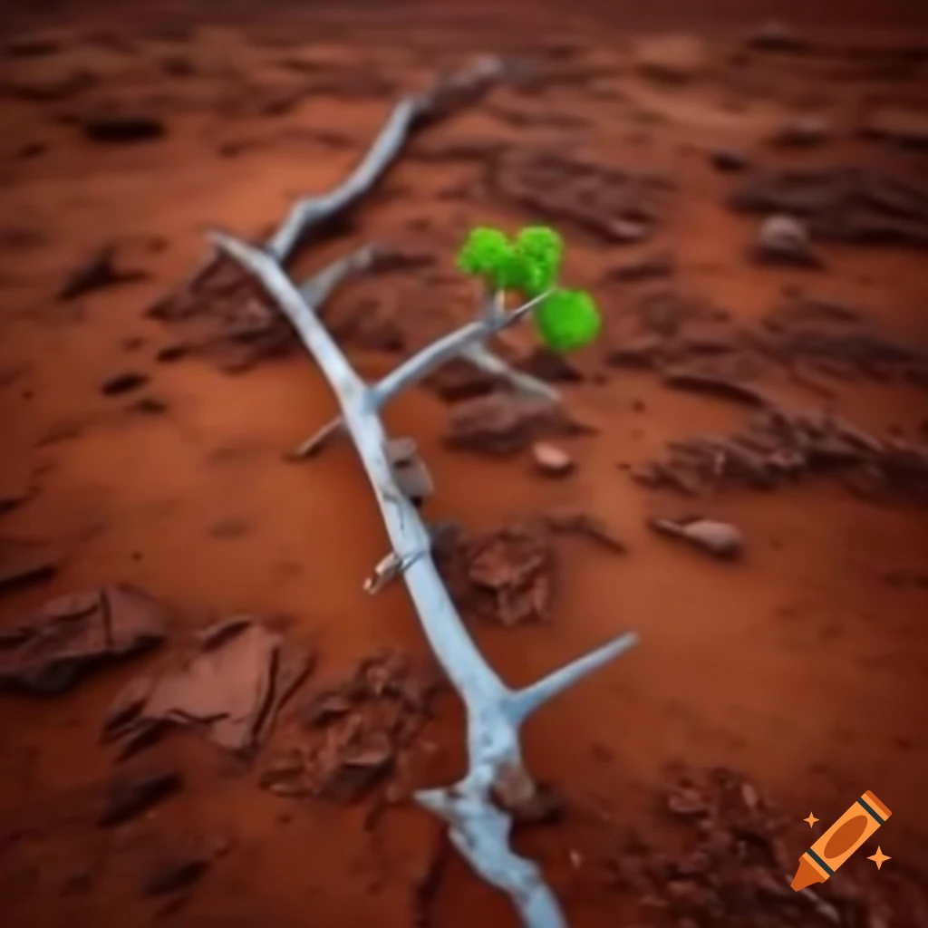 Dead branch with green sprout in dry reddish-brown rocky landscape