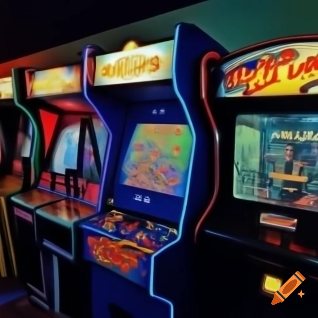 Brightly lit 80s style arcade with vibrant background