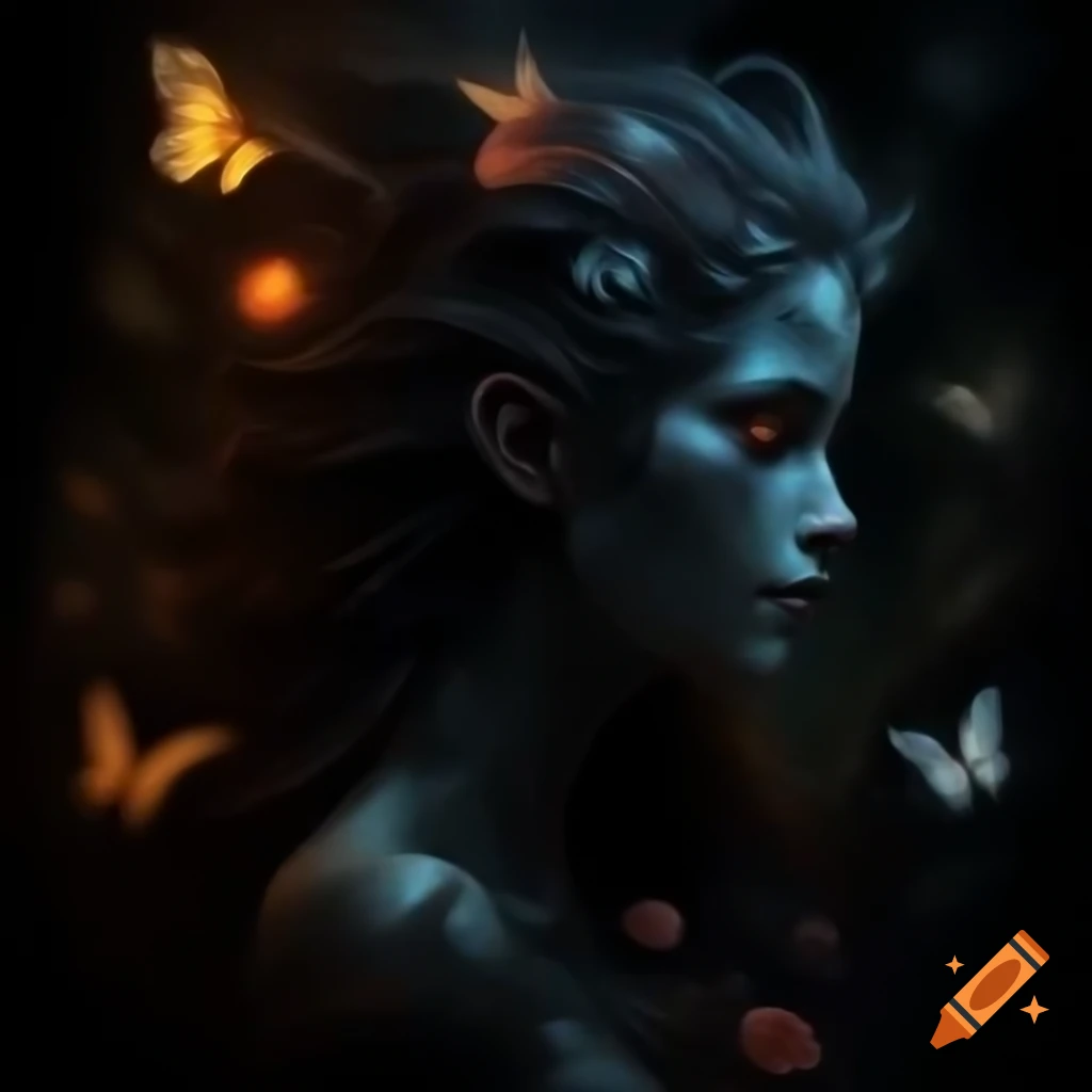 Portrait of a mystical witch goddess with glowing hair and nature elements