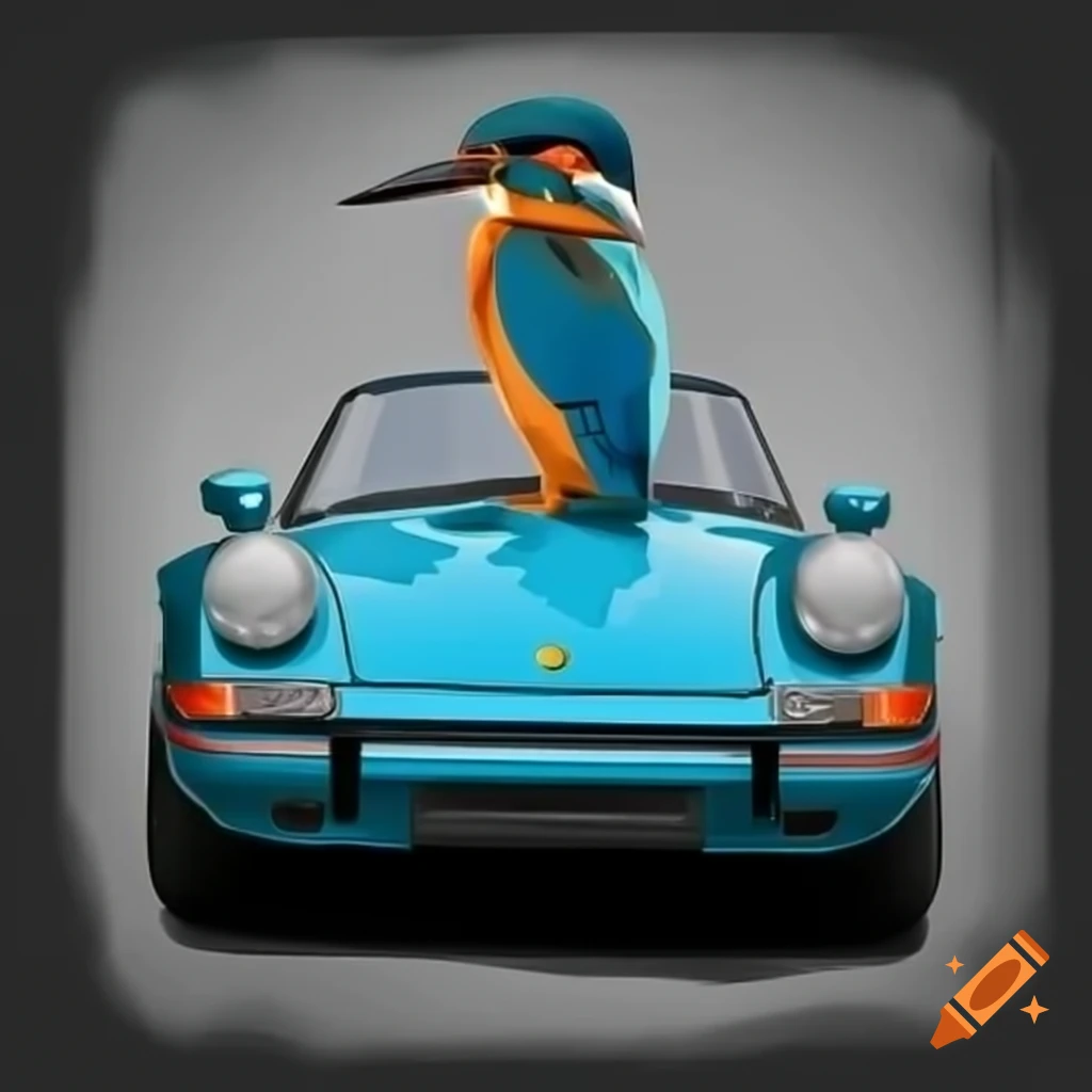 Kingfisher bird perched on vintage Porsche 911