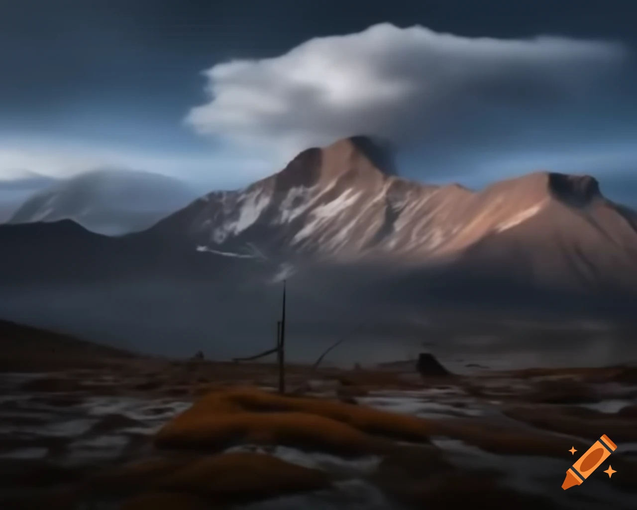 Landscape featuring a cross, unreal engine 5 rock, snowy mountains and cloudy sky