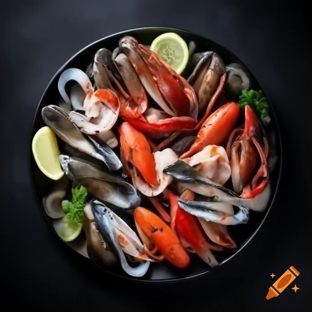Hyper-realistic seafood platter on black background from top view
