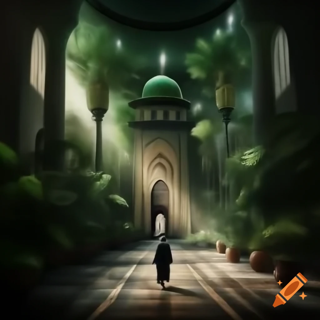 Scene of mosque with plants and man walking towards it, cinematic lighting
