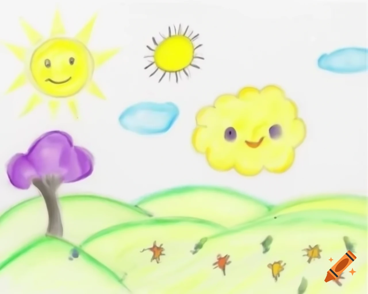 Happy yellow cloud, talking tree, and smiling sun in meadow with purple butterfly, children's book style