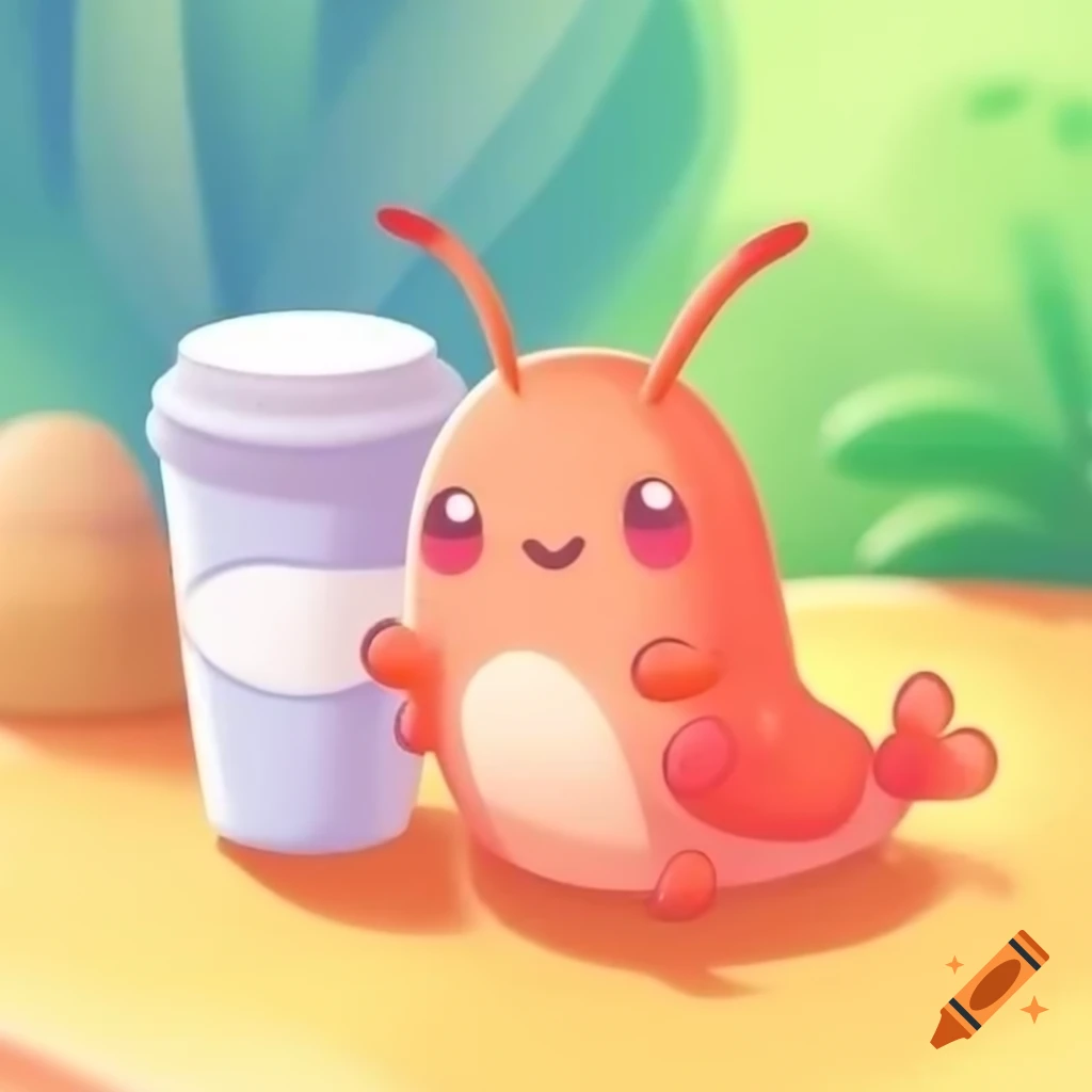 Kawaii shrimp enjoying coffee