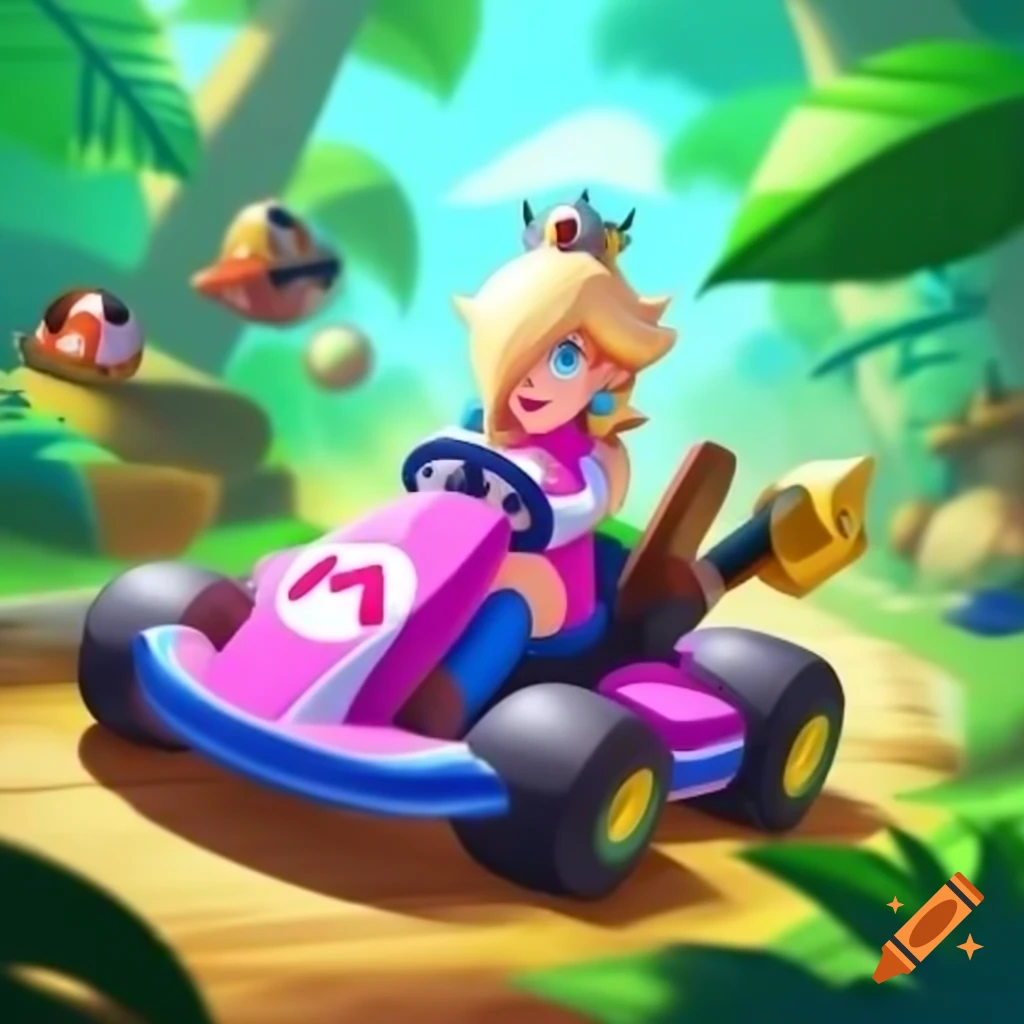Rosalina from Mario Kart driving through a jungle