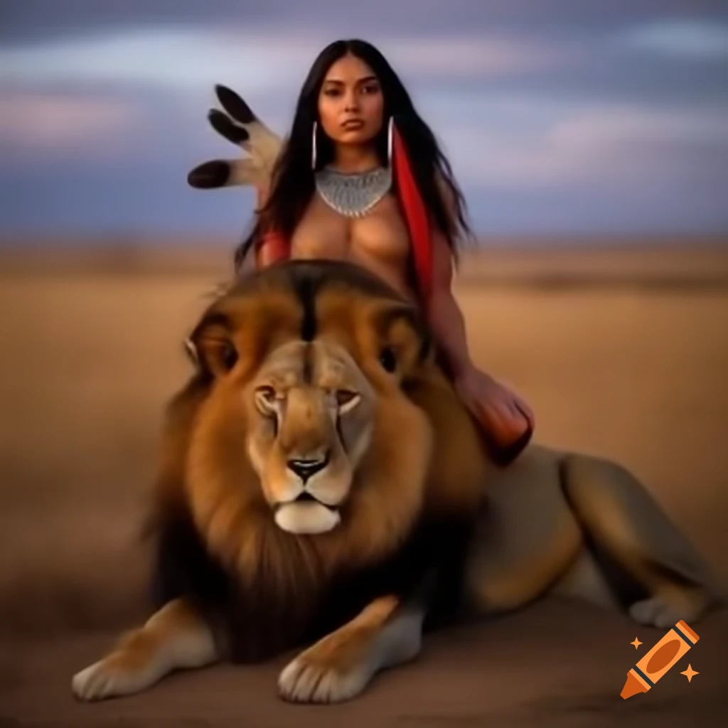 Native American woman with headdress sitting on Lion of Judah against red, gold, and green sky