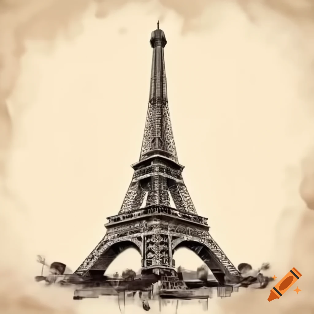 Intricate ink illustration of the Eiffel Tower on beige background