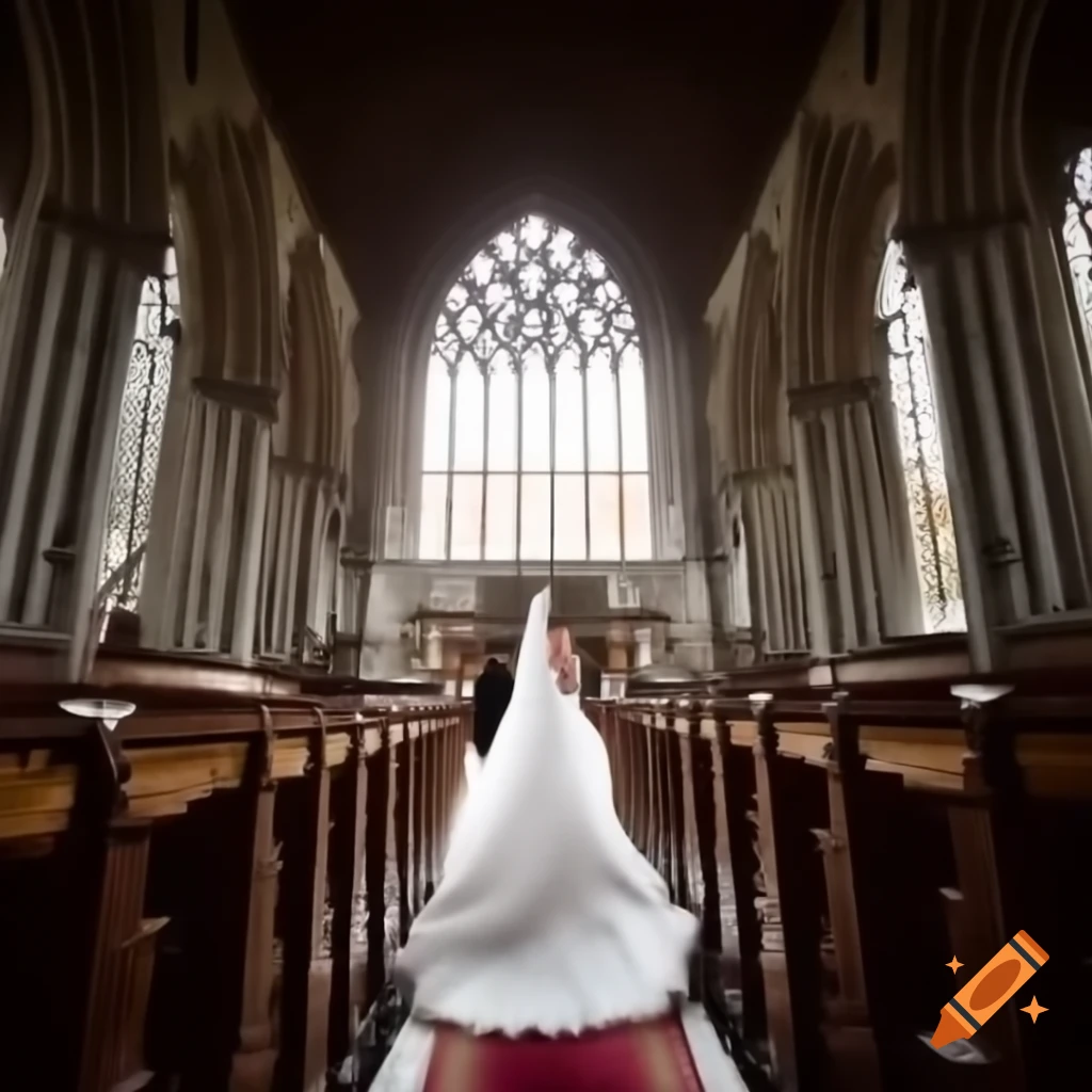 Bride with long train walking down aisle in cathedral from bird's eye view