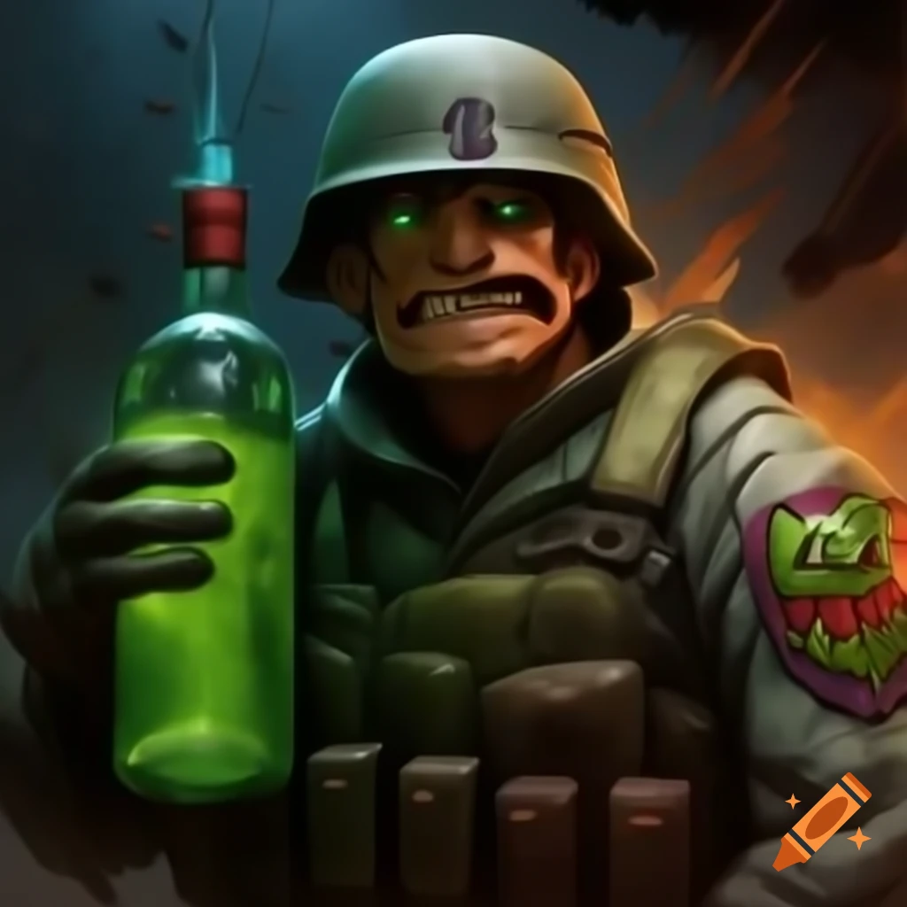 Soldier humorously battling zombies with a bottle of Get27