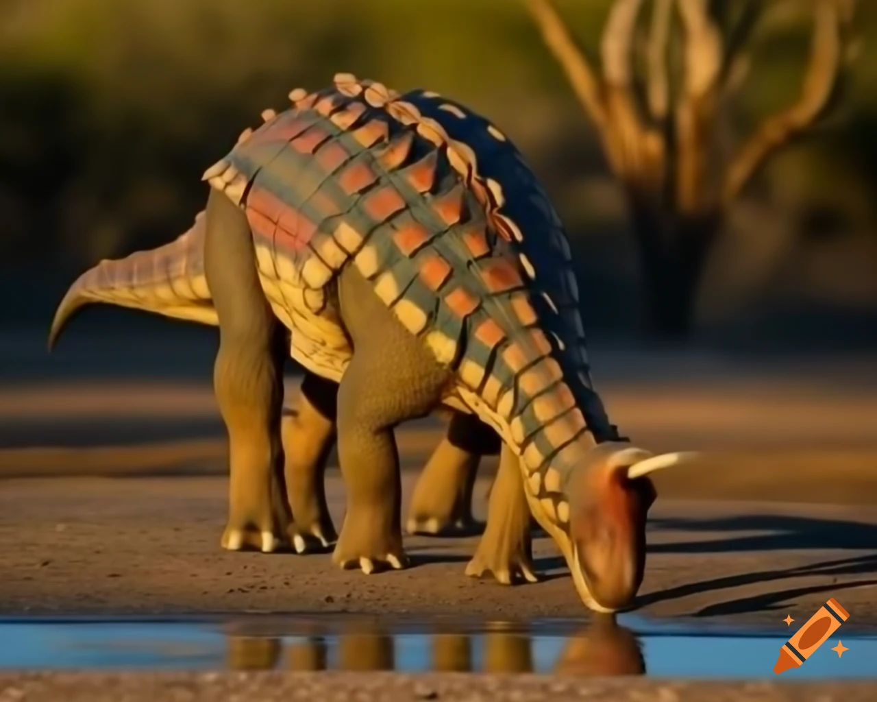Ankylosaurus drinking in puddle with partridges in sunny clearing