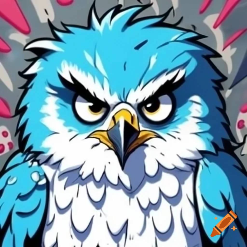 Graffiti style cartoon of an angry fluffy blue and white falcon