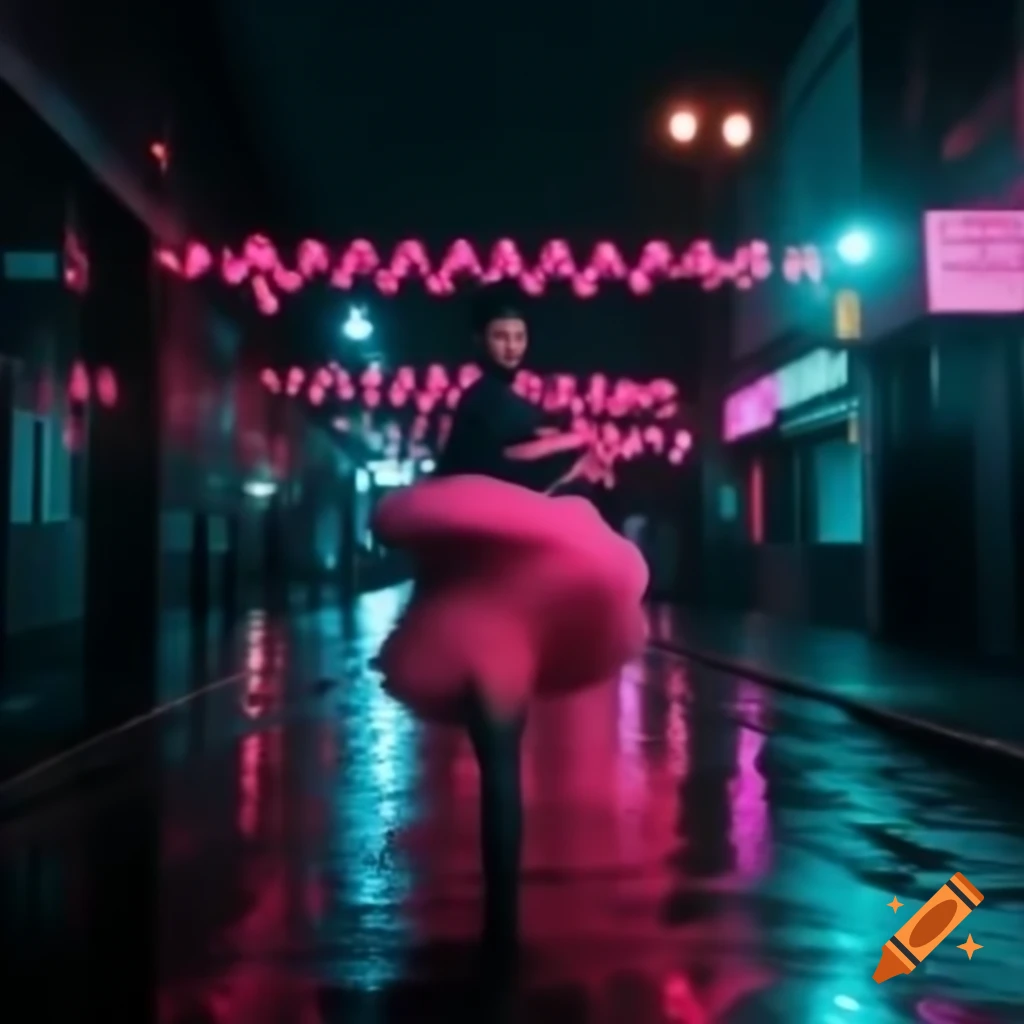Katy Perry dancing in the rain with pink lights in the street