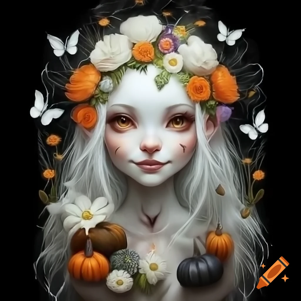 Beautiful white mystical witch with flowers and butterflies on black background