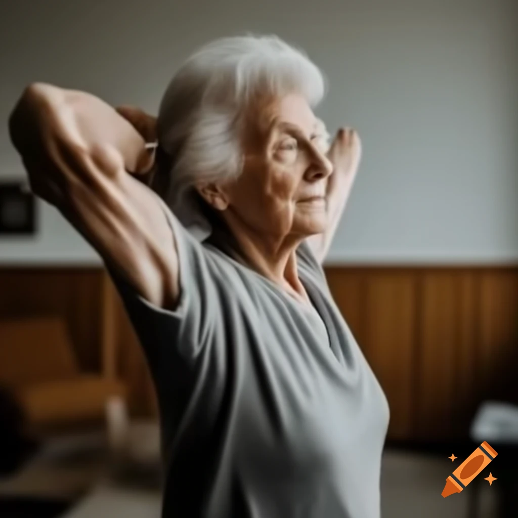 Elderly woman performing stretching exercise
