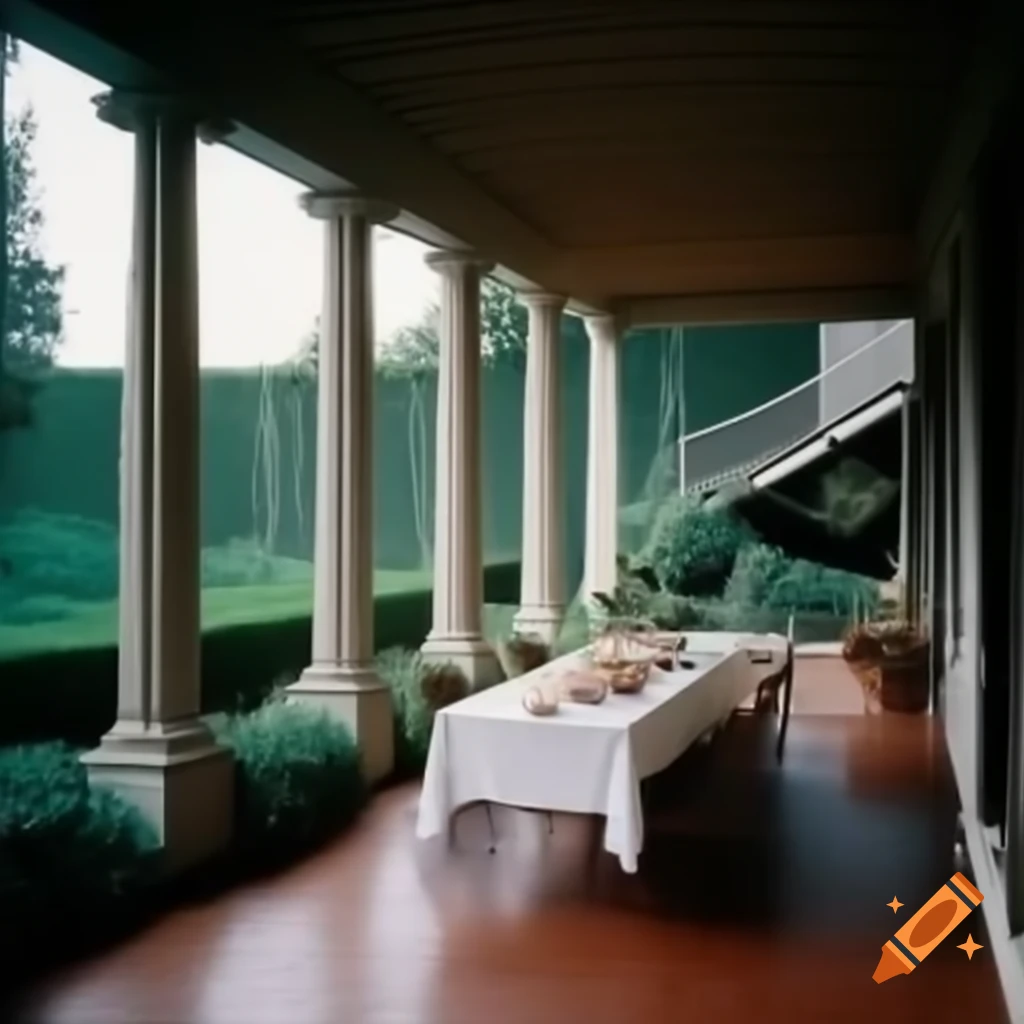 Wide porch with columns and climbing vines, table set with dishes and foods