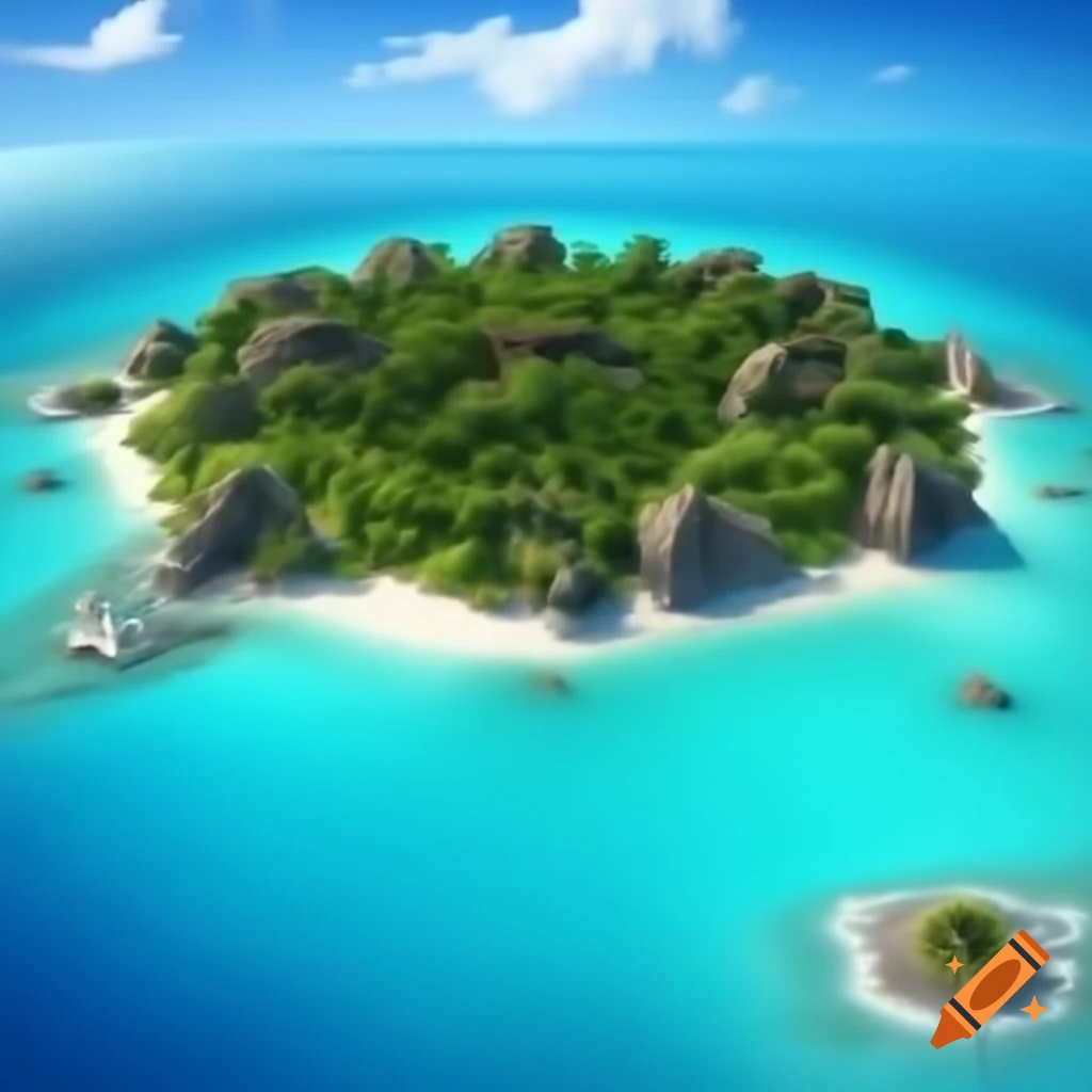 3D view of fictional Caribbean island with sandy beaches