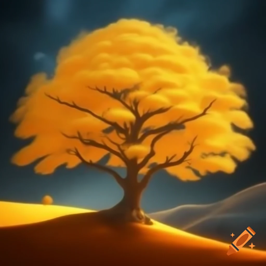 Golden tree in a serene landscape