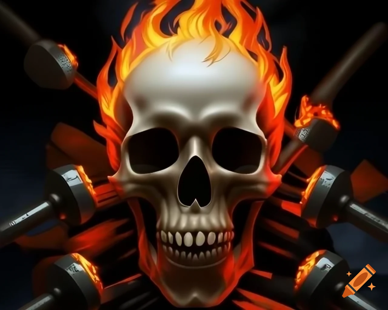 White skull with flames in eye sockets, video game art style
