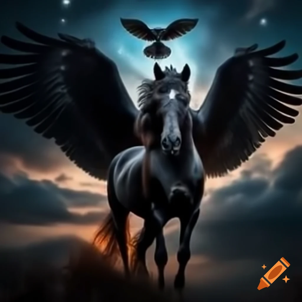 Black horse with wings and owl against starry sky and aurora