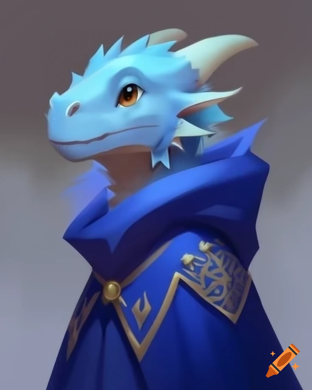 Anthropomorphic pastel blue dragon in royal hooded cloak, full body