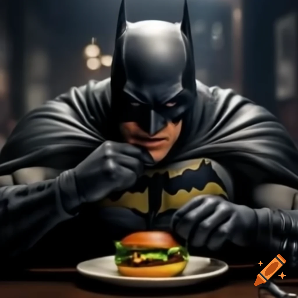 Batman enjoying a burger in a playful scene