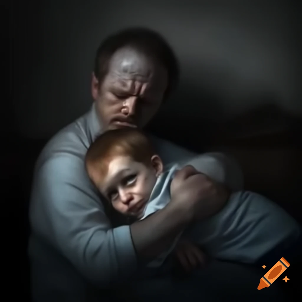 Frightened father and son in a scary scene