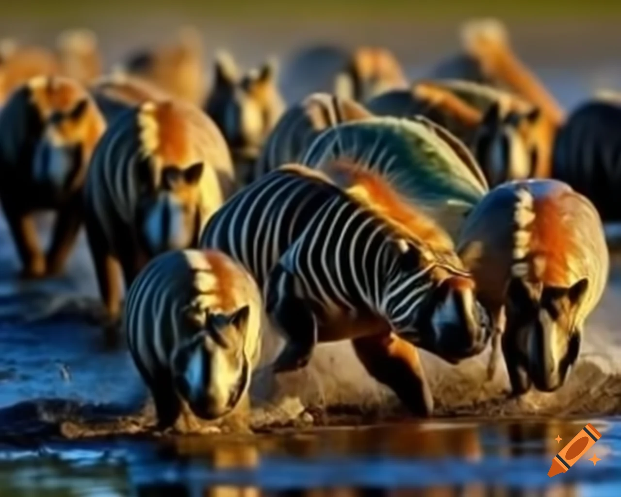 Herd of striped hadrosaurs by muddy lake bank in morning light in British Columbia
