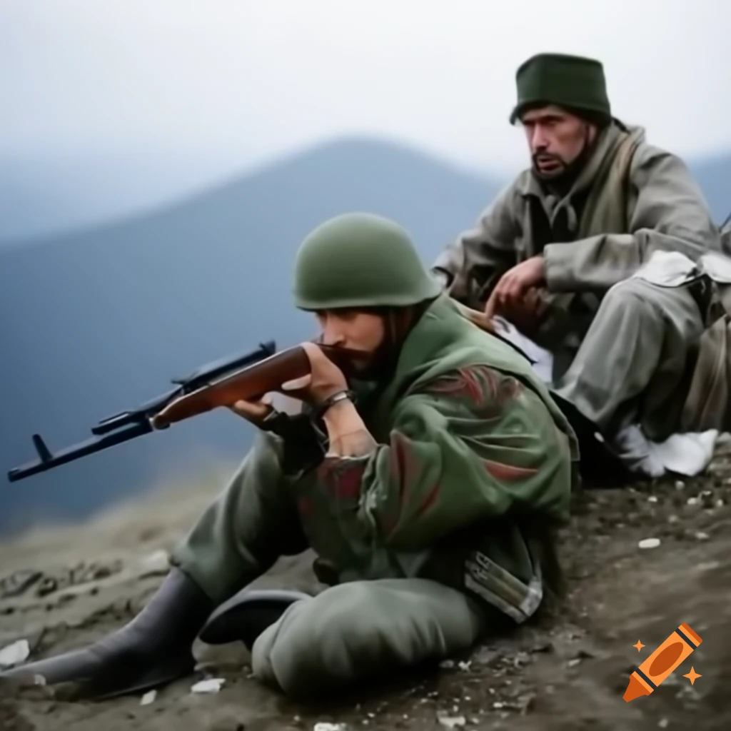 Ukrainian soldier with rifle overlooking war zone from mountain with partner