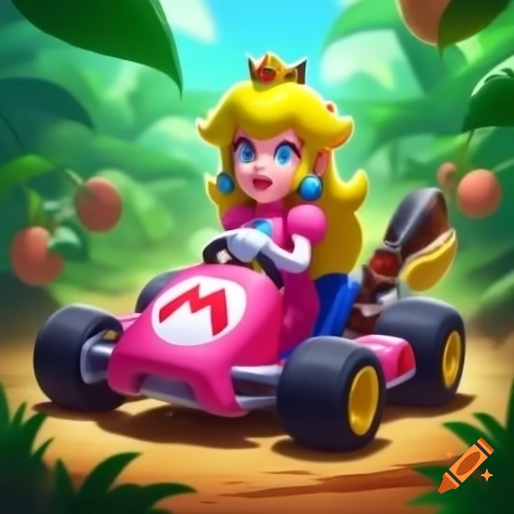Princess Peach driving a kart through a jungle landscape