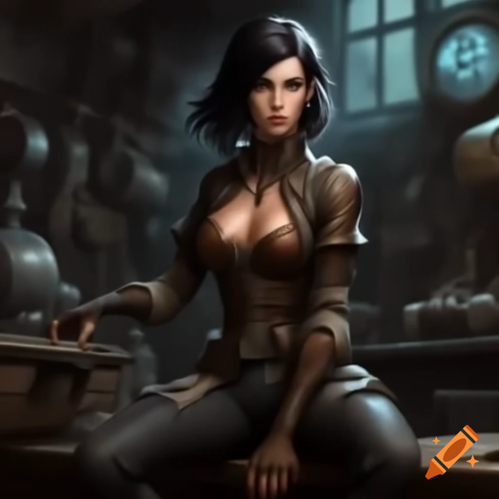 Rogue woman with short dark hair in steampunk workshop