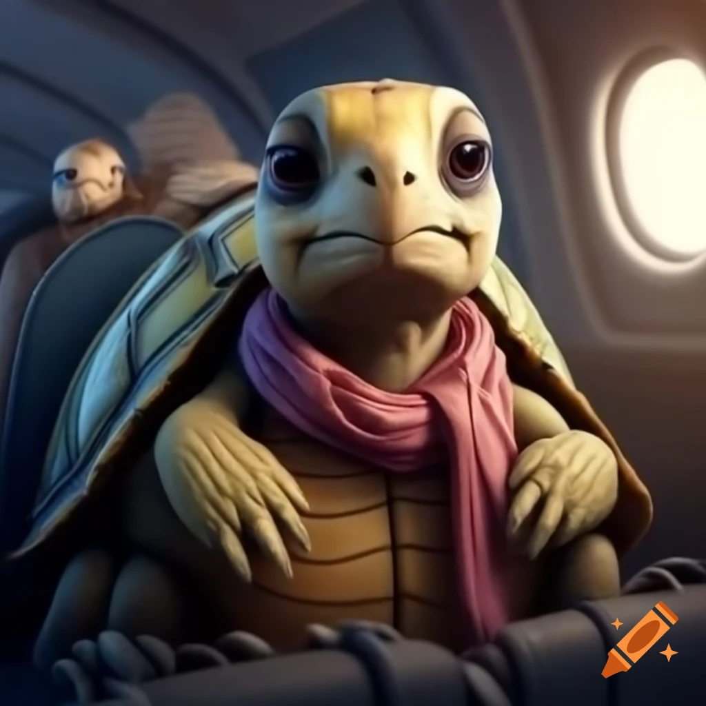 Tortoise wearing aviators and scarf inside a plane